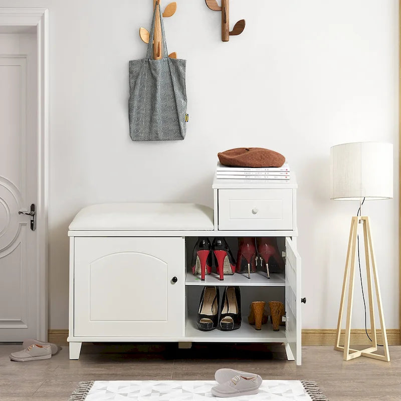 Banc à chaussures avec coussin en PU et tiroir mobile