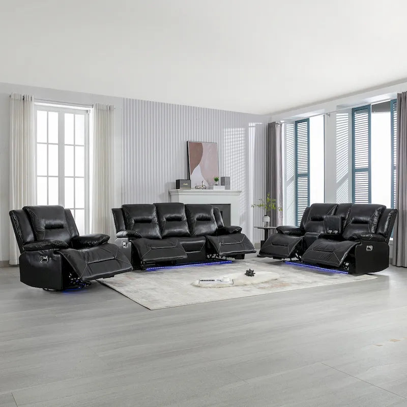 Fauteuil inclinable manuel de cinéma maison avec bande lumineuse LED, deux porte-gobelets intégrés pour salon, chambre à coucher, noir