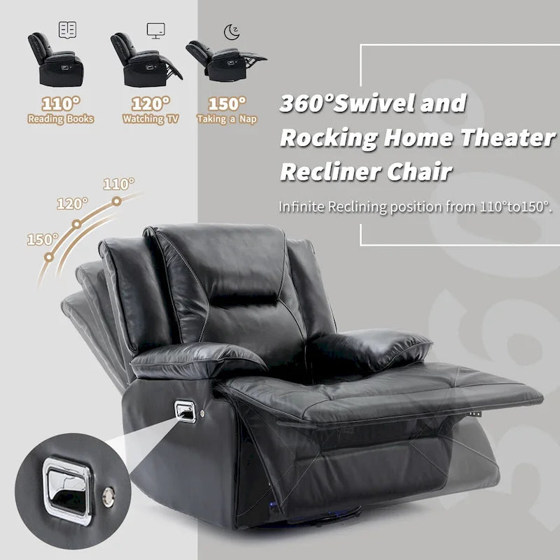 Fauteuil inclinable manuel de cinéma maison avec bande lumineuse LED, deux porte-gobelets intégrés pour salon, chambre à coucher, noir