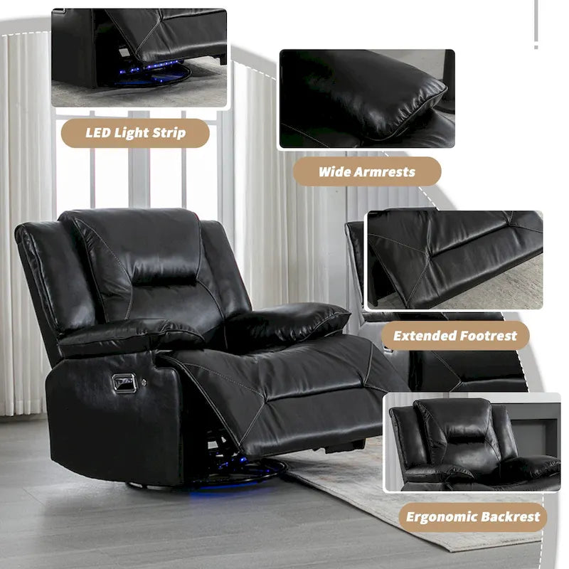 Fauteuil inclinable manuel de cinéma maison avec bande lumineuse LED, deux porte-gobelets intégrés pour salon, chambre à coucher, noir