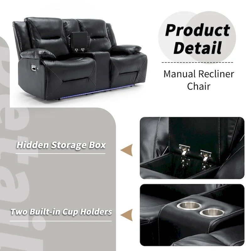 Fauteuil inclinable manuel de cinéma maison avec bande lumineuse LED, deux porte-gobelets intégrés pour salon, chambre à coucher, noir