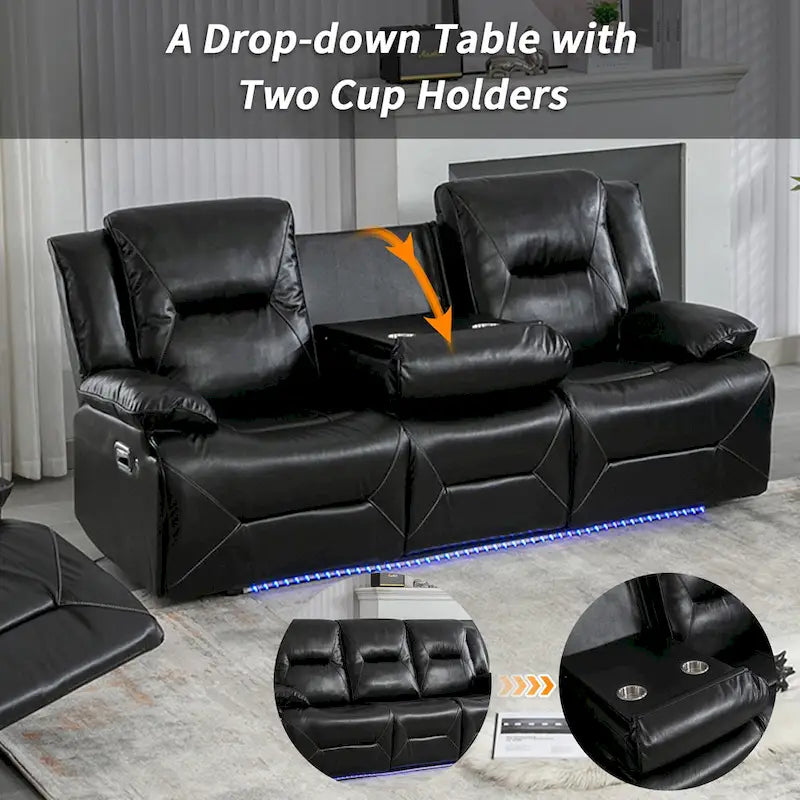 Fauteuil inclinable manuel de cinéma maison avec bande lumineuse LED, deux porte-gobelets intégrés pour salon, chambre à coucher, noir