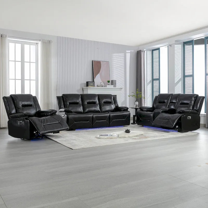 Fauteuil inclinable manuel de cinéma maison avec bande lumineuse LED, deux porte-gobelets intégrés pour salon, chambre à coucher, noir