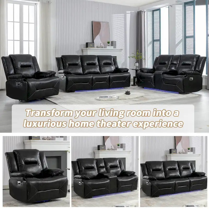 Fauteuil inclinable manuel de cinéma maison avec bande lumineuse LED, deux porte-gobelets intégrés pour salon, chambre à coucher, noir
