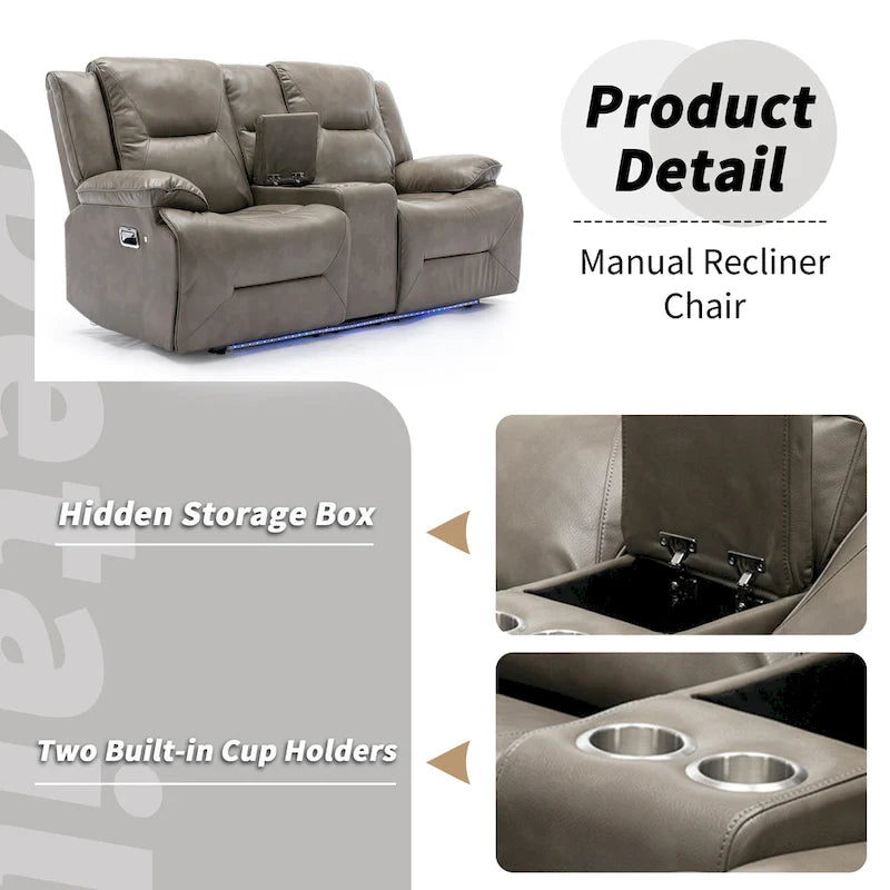 Fauteuil inclinable manuel de cinéma maison avec bande lumineuse LED, deux porte-gobelets intégrés pour salon, chambre à coucher, noir