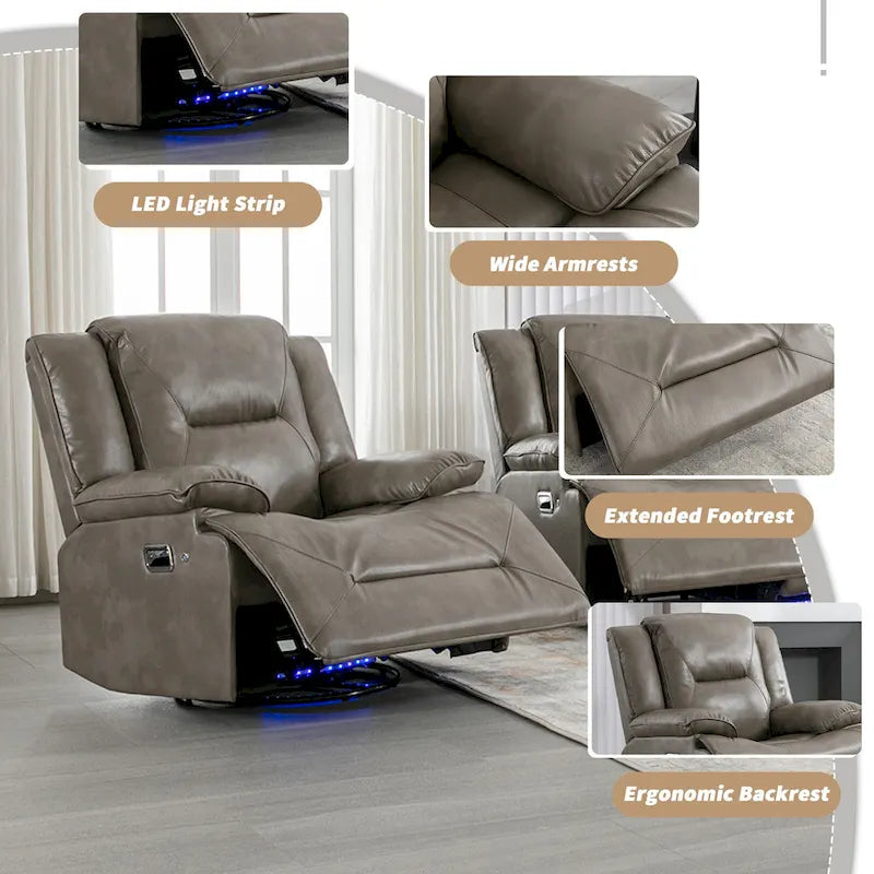 Fauteuil inclinable manuel de cinéma maison avec bande lumineuse LED, deux porte-gobelets intégrés pour salon, chambre à coucher, noir