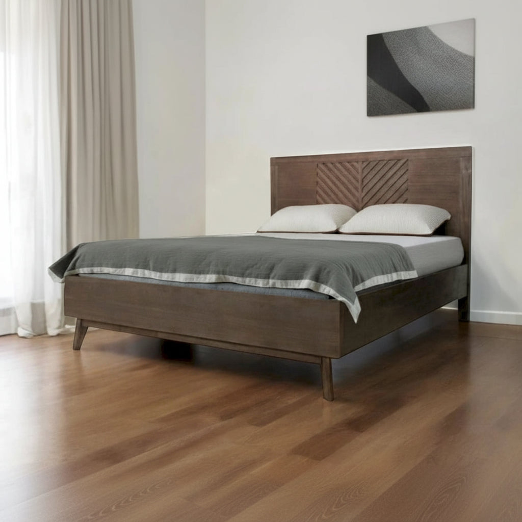 HomeRoots Brown Carved Geometric Solid Wood King Bed Frame