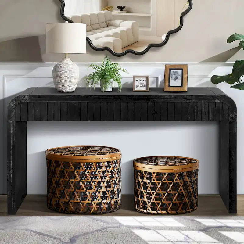 Table console rustique de ferme artisanale vintage 59 avec deux tiroirs cachés