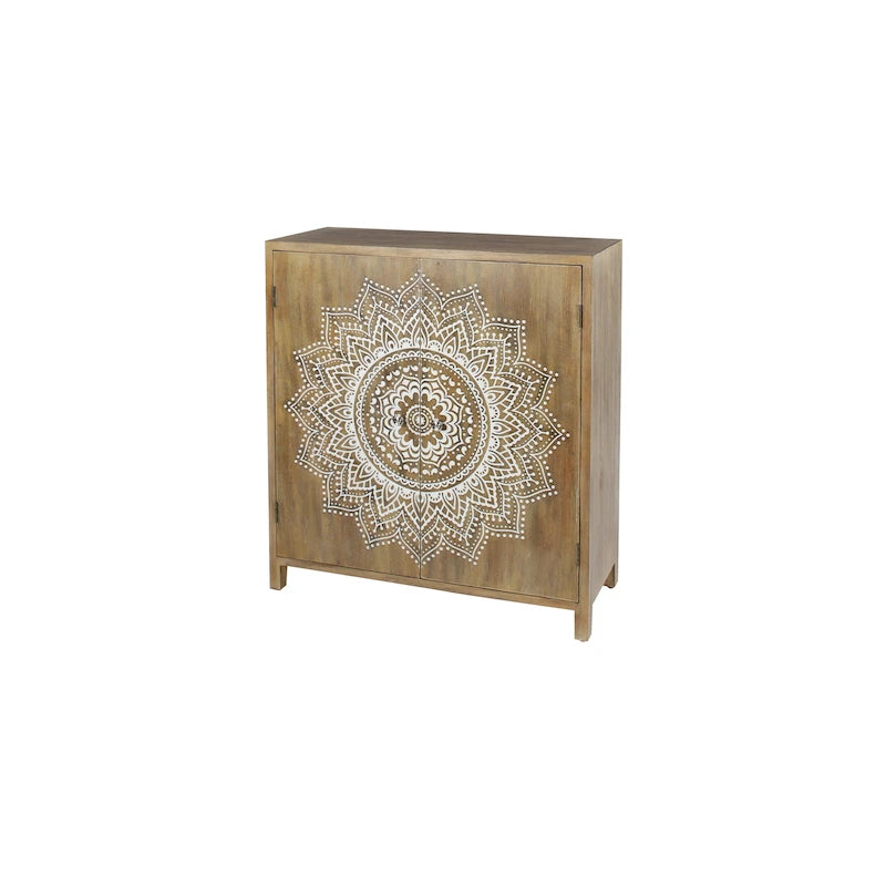 Meuble d'appoint 1 étagère 2 portes en bois sculpté floral - Marron
