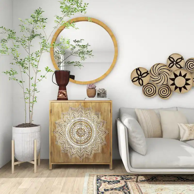 Meuble d'appoint 1 étagère 2 portes en bois sculpté floral - Marron