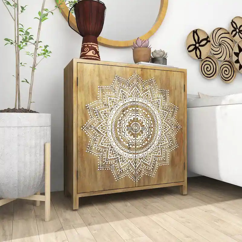 Meuble d'appoint 1 étagère 2 portes en bois sculpté floral - Marron