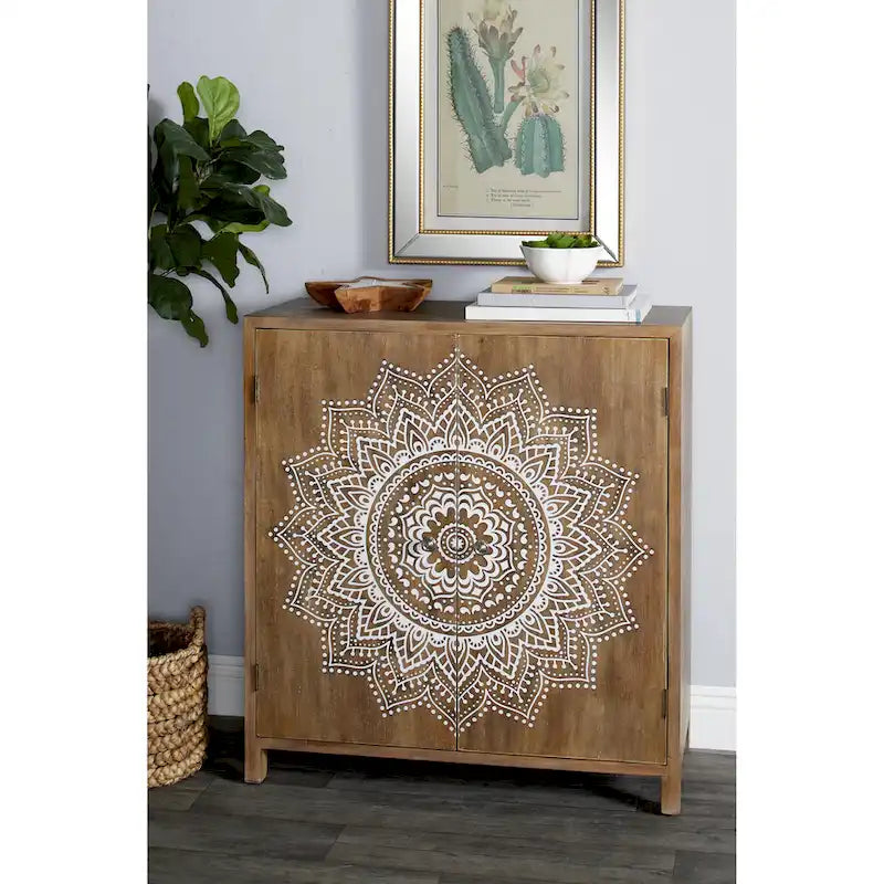 Meuble d'appoint 1 étagère 2 portes en bois sculpté floral - Marron