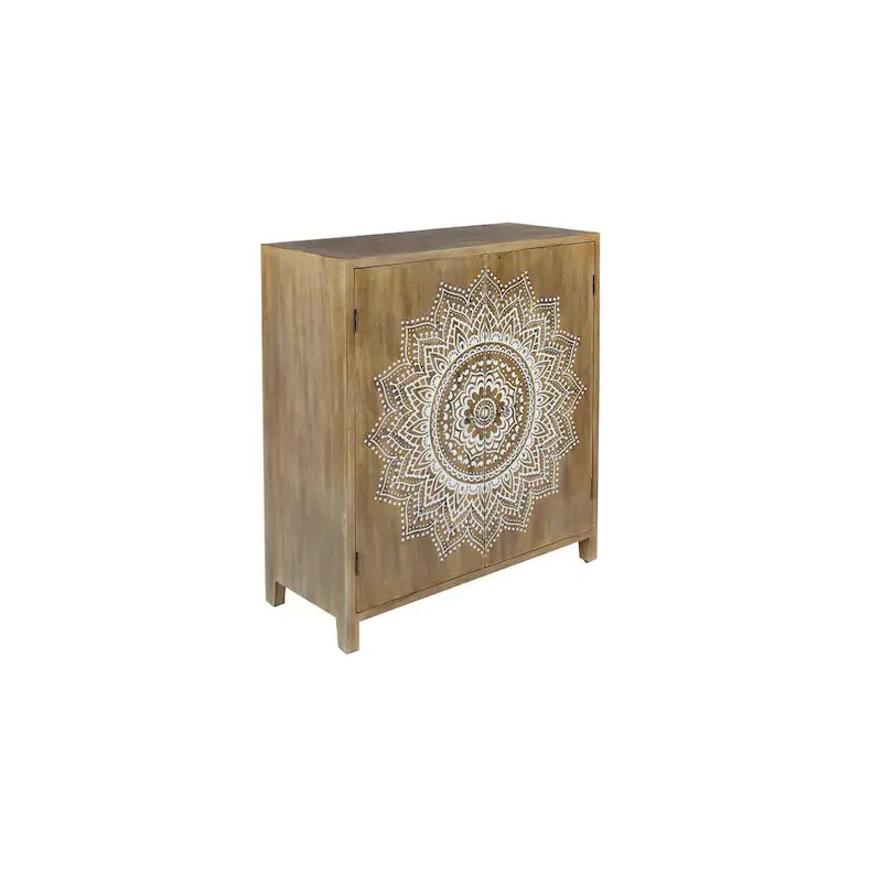 Meuble d'appoint 1 étagère 2 portes en bois sculpté floral - Marron