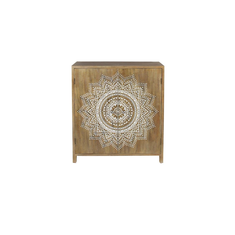 Meuble d'appoint 1 étagère 2 portes en bois sculpté floral - Marron