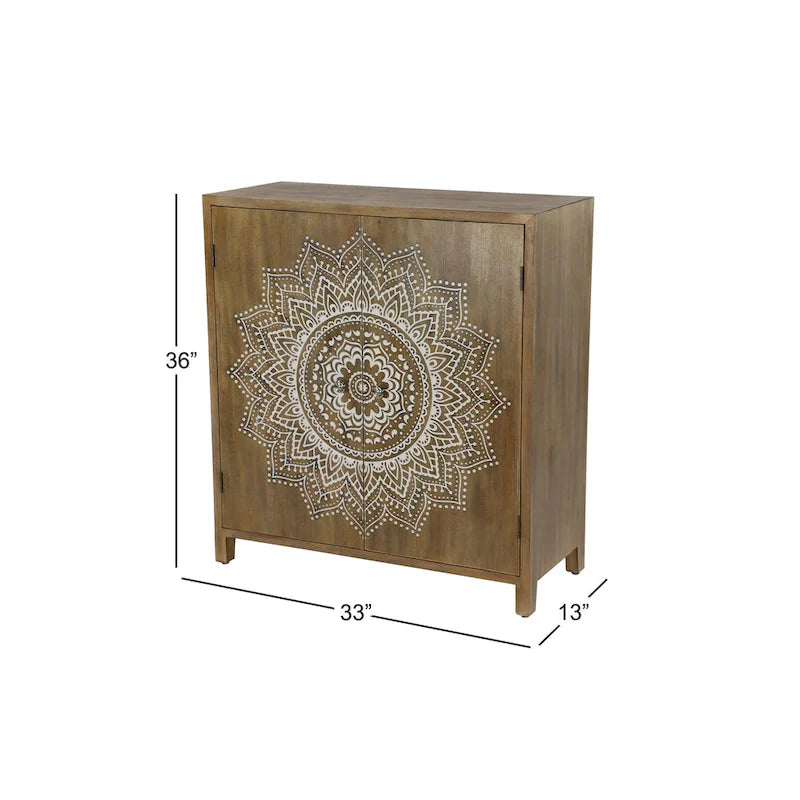 Meuble d'appoint 1 étagère 2 portes en bois sculpté floral - Marron