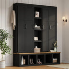 Farmhouse 4-in-1 Hall Tree with Open Display Shelves, Mudroom Shoe Bench with Open Compartments, Entryway Coat Rack with 6 Hooks