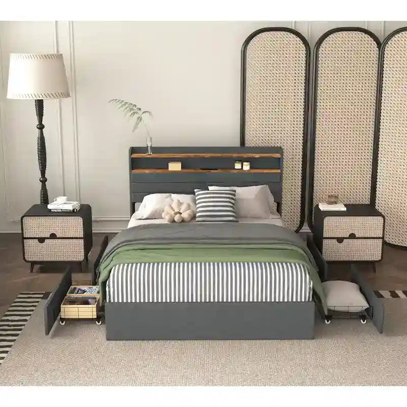 Lit de rangement Queen - 4 tiroirs, plateforme tapissée avec LED et chargement USB