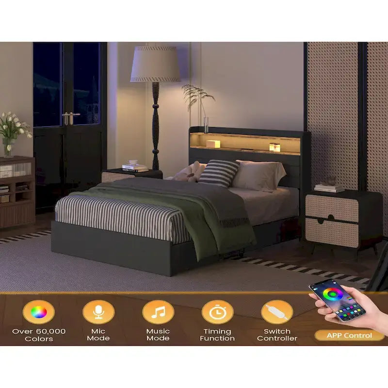 Lit de rangement Queen - 4 tiroirs, plateforme tapissée avec LED et chargement USB