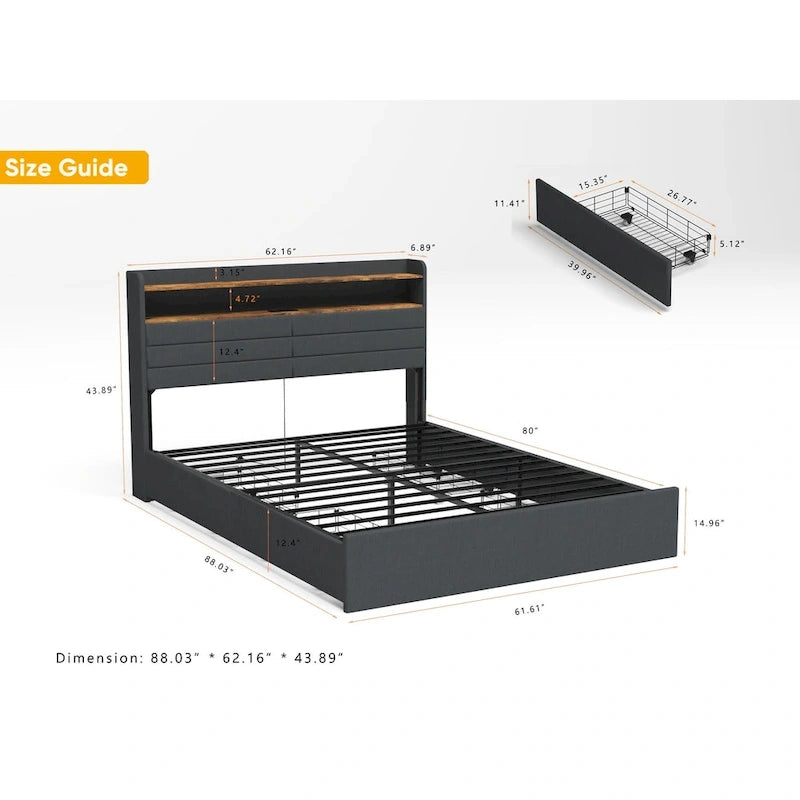 Lit de rangement Queen - 4 tiroirs, plateforme tapissée avec LED et chargement USB