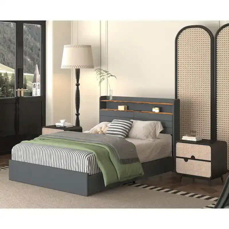 Lit de rangement Queen - 4 tiroirs, plateforme tapissée avec LED et chargement USB