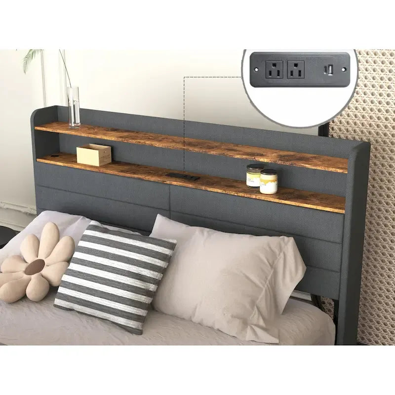 Lit de rangement Queen - 4 tiroirs, plateforme tapissée avec LED et chargement USB