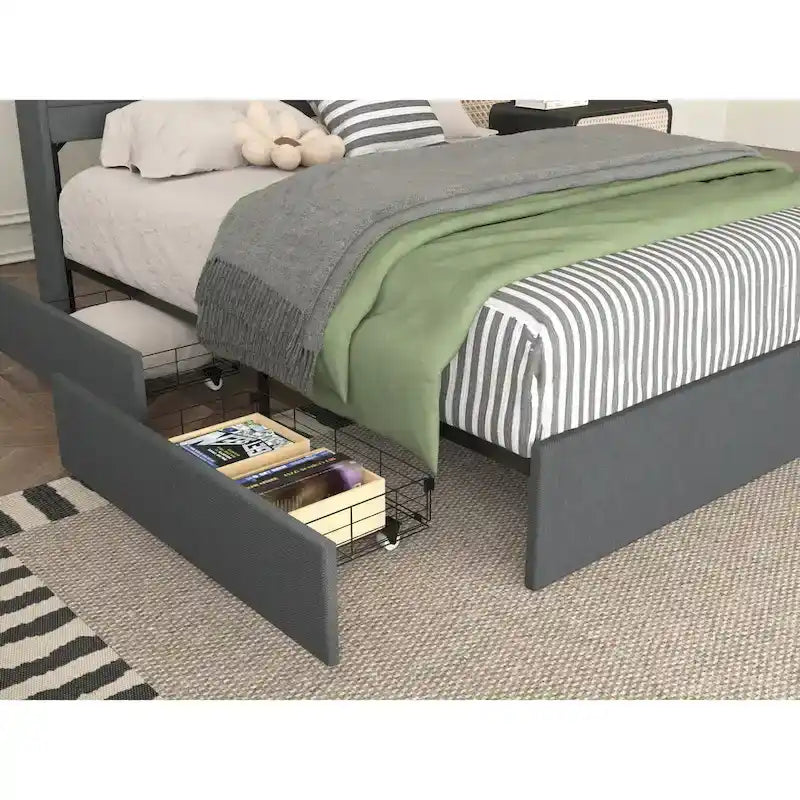 Lit de rangement Queen - 4 tiroirs, plateforme tapissée avec LED et chargement USB