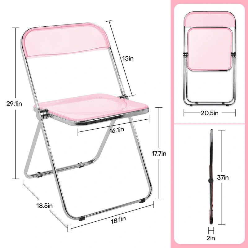 Chaise de salle à manger pliante empilable en acrylique transparent avec cadre en métal, individuelle - 29,1(H) x 18,1(L) x 18,5(P)