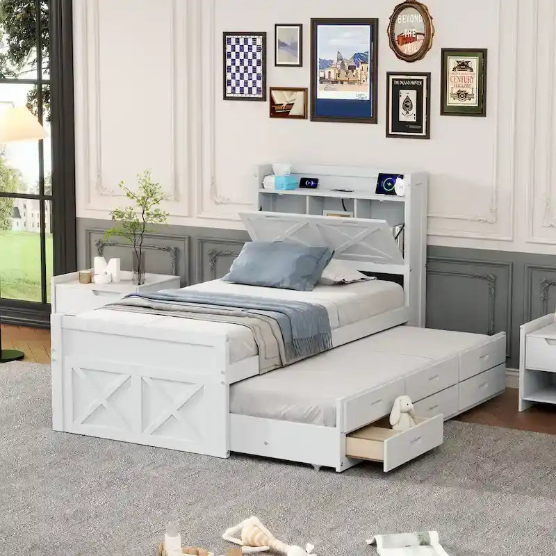 Lit plateforme en bois avec prises sur la tête de lit de rangement, cadre de lit à lattes en bois avec 3 tiroirs de rangement et lit gigogne coulissant