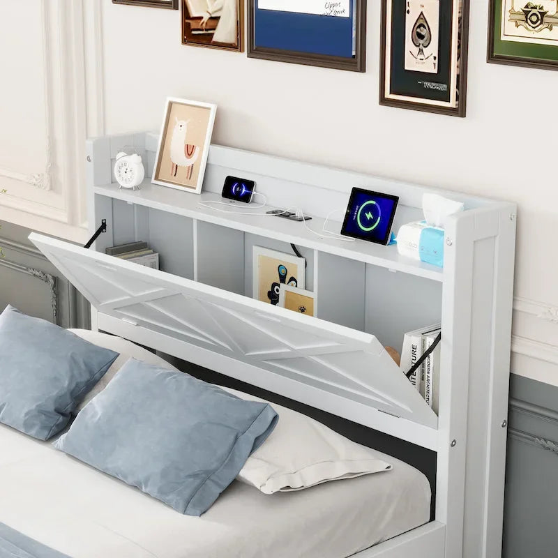 Lit plateforme en bois avec prises sur la tête de lit de rangement, cadre de lit à lattes en bois avec 3 tiroirs de rangement et lit gigogne coulissant