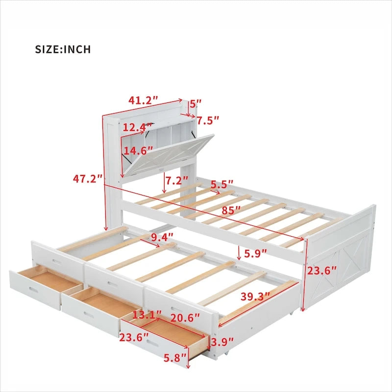 Lit plateforme en bois avec prises sur la tête de lit de rangement, cadre de lit à lattes en bois avec 3 tiroirs de rangement et lit gigogne coulissant