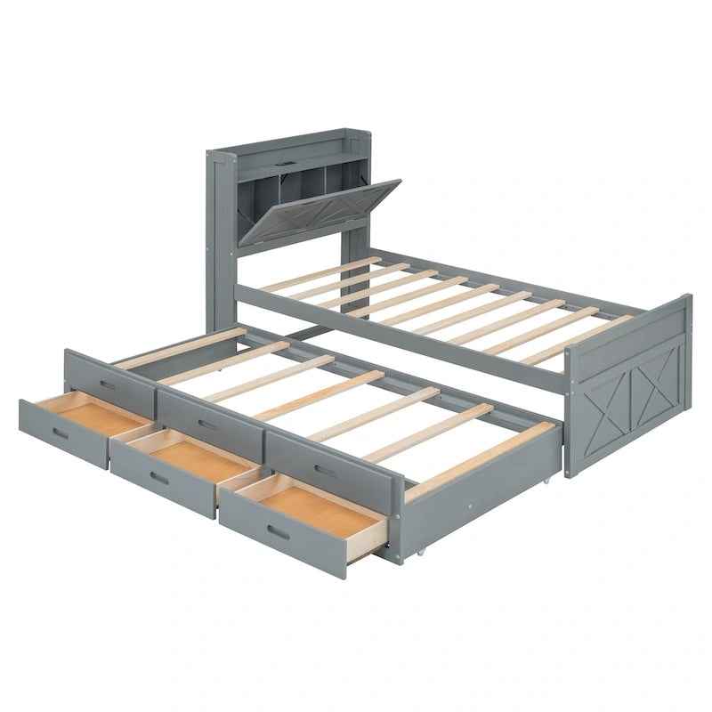 Lit plateforme en bois avec prises sur la tête de lit de rangement, cadre de lit à lattes en bois avec 3 tiroirs de rangement et lit gigogne coulissant