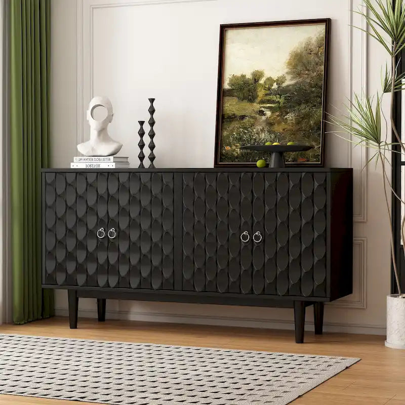 Buffet moderne à 4 portes avec portes à motifs convexes et 2 poignées argentées