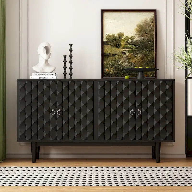 Buffet moderne à 4 portes avec portes à motifs convexes et 2 poignées argentées