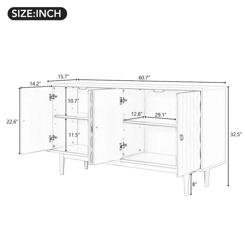 Buffet moderne à 4 portes avec portes à motifs convexes et 2 poignées argentées