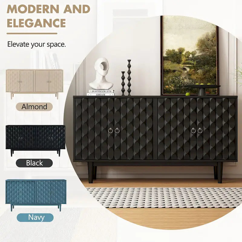 Buffet moderne à 4 portes avec portes à motifs convexes et 2 poignées argentées