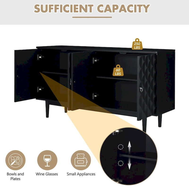 Buffet moderne à 4 portes avec portes à motifs convexes et 2 poignées argentées