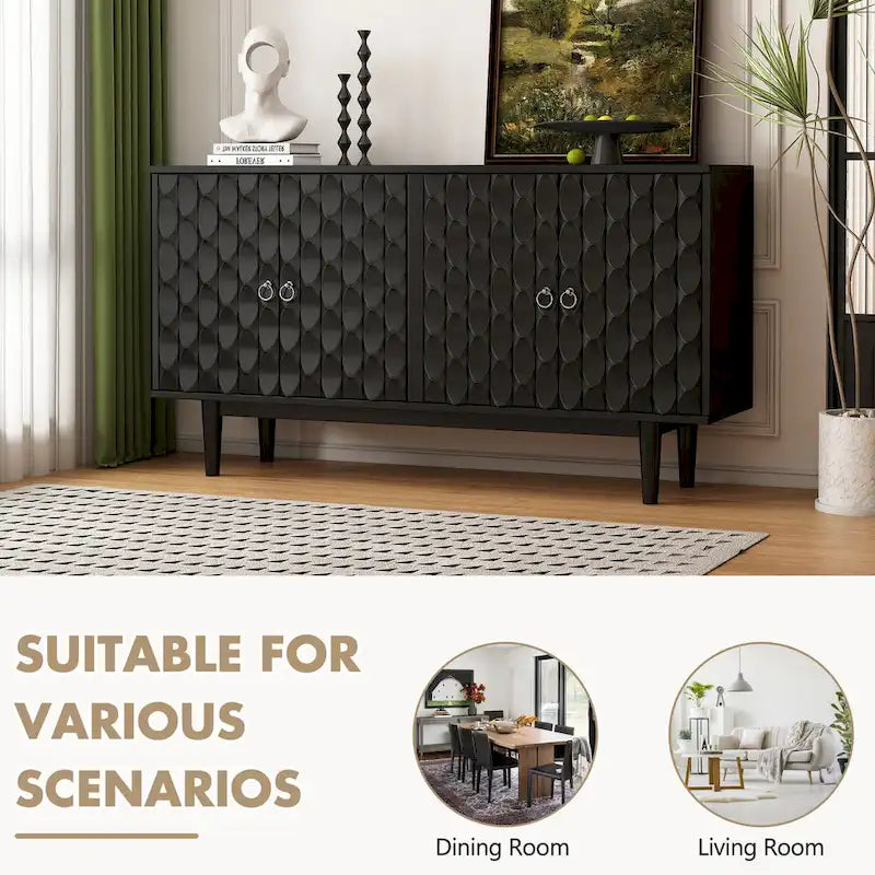 Buffet moderne à 4 portes avec portes à motifs convexes et 2 poignées argentées