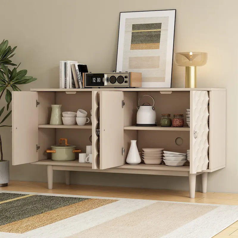 Buffet moderne à 4 portes avec portes à motifs convexes et 2 poignées argentées