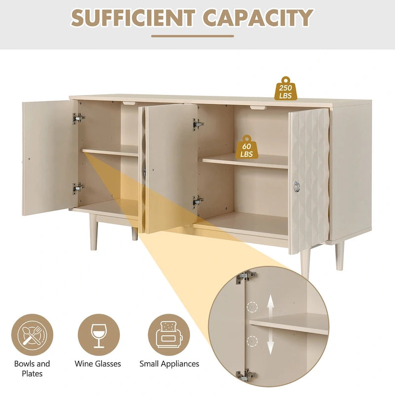 Buffet moderne à 4 portes avec portes à motifs convexes et 2 poignées argentées