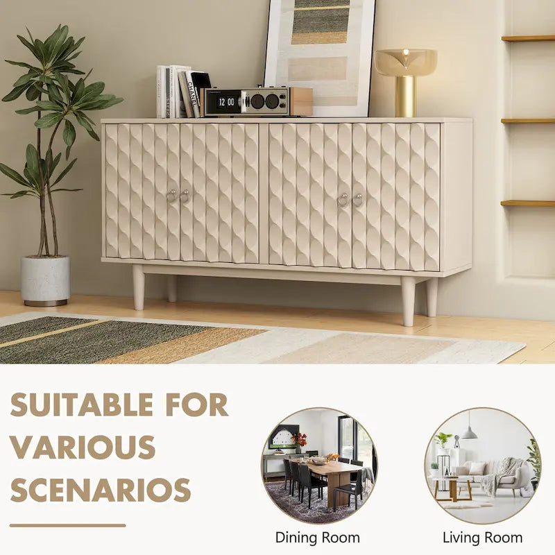 Buffet moderne à 4 portes avec portes à motifs convexes et 2 poignées argentées
