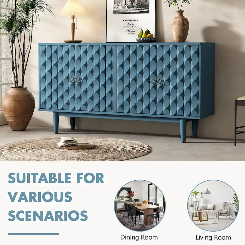Buffet moderne à 4 portes avec portes à motifs convexes et 2 poignées argentées
