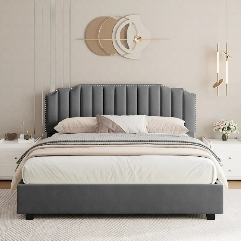 Lit plateforme de rangement capitonné en velours avec sommier relevable