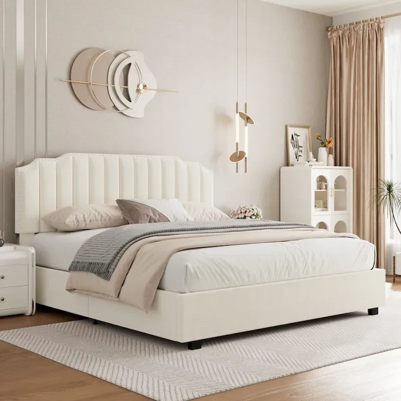 Lit plateforme de rangement capitonné en velours avec sommier relevable