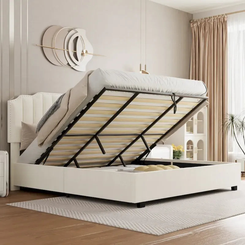 Lit plateforme de rangement capitonné en velours avec sommier relevable