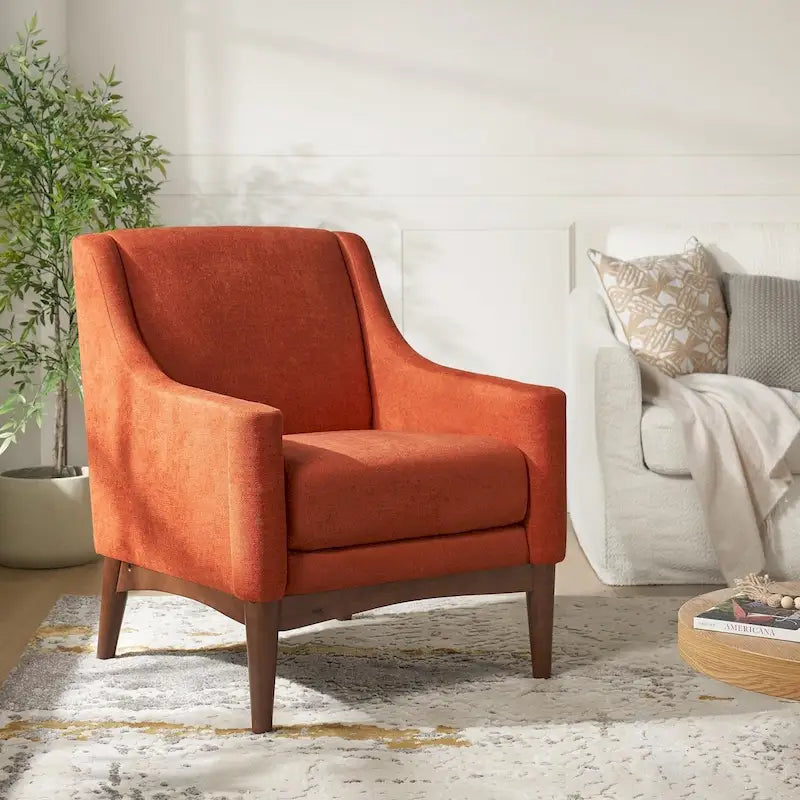 Fauteuil rembourré moderne du milieu du siècle Francis avec accoudoirs inclinés et pieds en bois massif