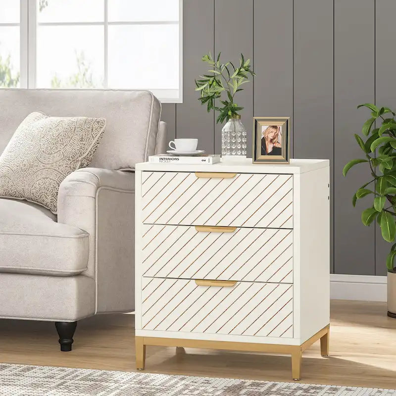 Tables de Chevet Blanches et Dorées pour Chambres, Tables de Nuit à Grain de Bois Clair avec 3 Tiroirs