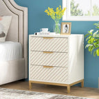 Tables de Chevet Blanches et Dorées pour Chambres, Tables de Nuit à Grain de Bois Clair avec 3 Tiroirs