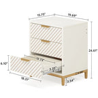 Tables de Chevet Blanches et Dorées pour Chambres, Tables de Nuit à Grain de Bois Clair avec 3 Tiroirs