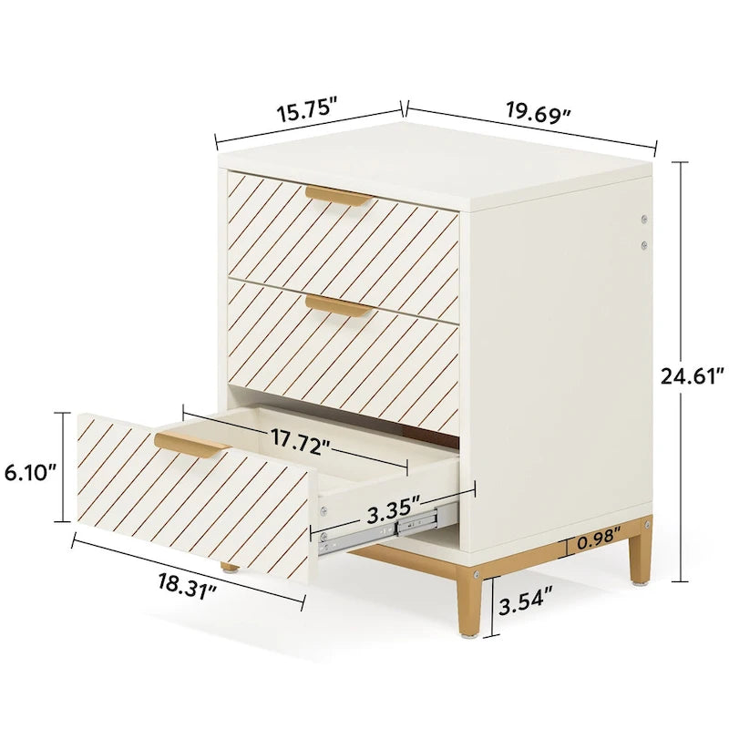 Tables de Chevet Blanches et Dorées pour Chambres, Tables de Nuit à Grain de Bois Clair avec 3 Tiroirs