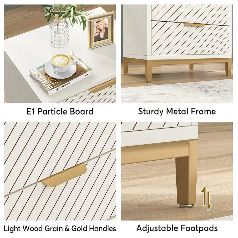 Tables de Chevet Blanches et Dorées pour Chambres, Tables de Nuit à Grain de Bois Clair avec 3 Tiroirs